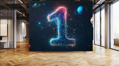 A number one made of stars, planets, and lines, like a picture of space. It's a design idea for a digital number one.low poly vector illustration. Wall mural