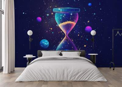 A picture of a hourglass made from stars and planets. It's like a starry night sky, with dots, lines, and shapes that look like space.low poly vector illustration. Wall mural