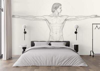 A polygonal wireframe representation of the Vitruvian Man, incorporating futuristic elements. This design blends classical art with modern geometric aesthetics.



 Wall mural