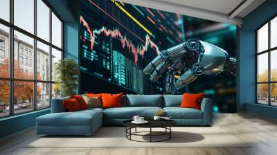 A robotic hand points to a chart showing financial data. The data is analyzed by a program that uses artificial intelligence to predict market trends. Wall mural