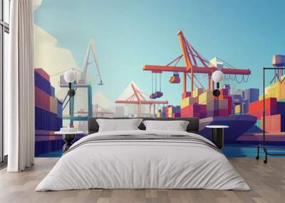 A simple picture showing a busy shipping port. You see cranes lifting containers onto a large ship. This image is about how goods are moved around the world.low poly vector illustration. Wall mural