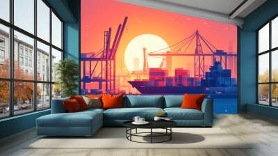 A simple picture showing a busy shipping port. You see cranes lifting containers onto a large ship. This image is about how goods are moved around the world.low poly vector illustration. Wall mural