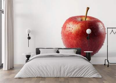 A single, vibrant red apple with water droplets glistening on its smooth surface, isolated against a pure white background. The droplets give the apple a fresh and juicy appearance, highlighting its c Wall mural