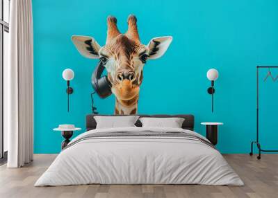 A tall, stylized giraffe dressed in a business suit stands upright, holding a smartphone to its ear with one of its hooves. The giraffe's expression is focused and engaged, as if in a serious conversa Wall mural