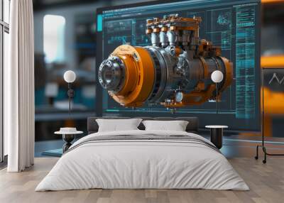 An engineering designer utilizes 3D CAD software to create a digital model of an industrial engine, displayed on a computer screen in a manufacturing factory setting, showcasing advanced mechanical de Wall mural