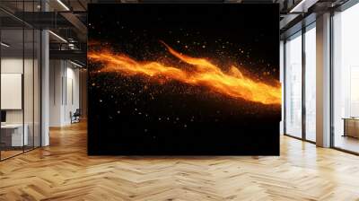 Background with fire sparks, embers, and smoke. Overlay effect of burning coal, grill, hell, or bonfire with flame glow, flying orange sparkles, and fog on a black background, vector realistic illustr Wall mural