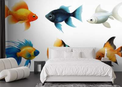 Collection of freshwater aquarium fish with water bubbles and aquatic plants. Wall mural