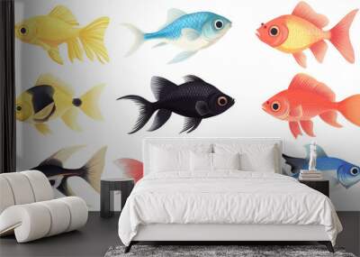 Collection of freshwater aquarium fish with water bubbles and aquatic plants. Wall mural