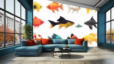 Collection of freshwater aquarium fish with water bubbles and aquatic plants. Wall mural