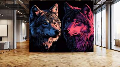 Colorful graphic portrait of a pair of wolves on a black background. Digital vector graphics Wall mural