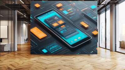 Creating mobile apps involves designing the look and feel,testing how it works on phones and tablets,and making sure it's easy to use on different devices.This illustration shows a 3D view process. Wall mural