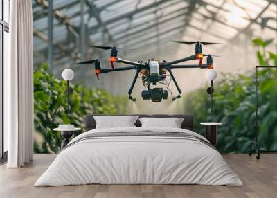 Engineers are overseeing the operation of agricultural drone sprayers and quadcopters, which are flying through a greenhouse to distribute chemical fertilizers. The drones are equipped with advanced s Wall mural