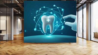 Human Tooth within an Atom: Doctor and Robot Finger Touching Icon Representing AI Cross Symbol. Health Care Technology, Artificial Intelligence, Cyborg Innovation, and Medical Futurism. Banner Vector  Wall mural