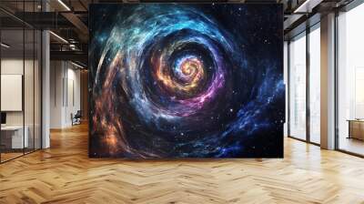 In this abstract image, a dark starry sky serves as the backdrop for a glowing, multicolored cosmic vortex. The swirling vortex radiates vibrant hues, creating a dynamic contrast with the deep, celest Wall mural