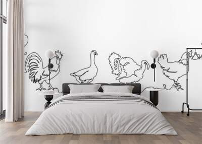 Domestic animals one line set. Continuous line drawing of chicken, rooster, goose, turkey. Wall mural