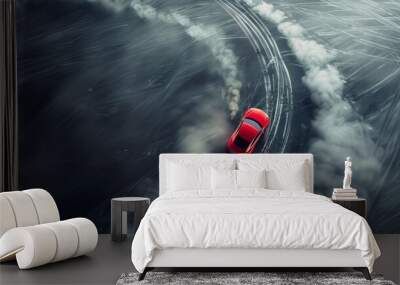 Aerial top view car tire marks burnout, realistic car composition with asphalt road curve and drifting. Wall mural