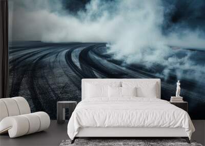 Aerial view abstract background with tire marks and smoke on race track. Generative Ai Wall mural