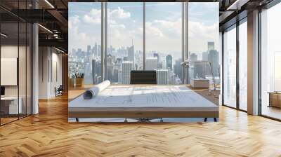 Architects Office Sleek architects office overlooking the city large drafting table with blueprints and model buildings. Wall mural