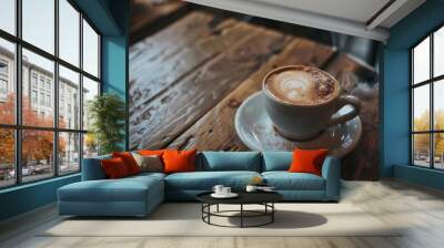 Hot espresso and coffee bean on white table with soft-focus and over light in the background Wall mural