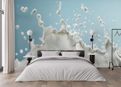 splattered milk splash, pouring white liquid flow for low, full, skimmed fat dairy products over blue clean isolated background. Wall mural