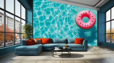 Top view of colorful inflatable ring watermelon toy in swimming pool water from above, Generative Ai Wall mural