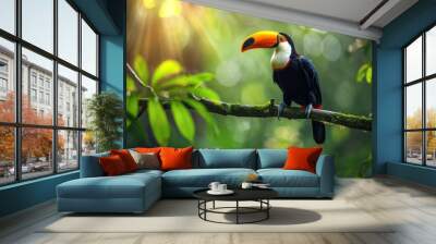 Toucan sitting on the branch in the forest Wall mural