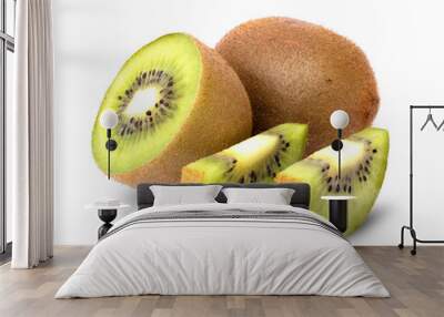 Ripe kiwi fruit and kiwi slices ​​separately on white background Wall mural