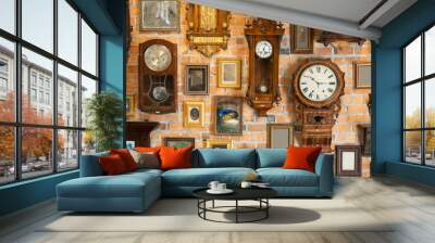 Collection of vintage clock hanging on an brick wall Wall mural