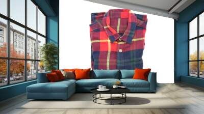 Top view of red and blue checkered shirt  folded isolated on white background Wall mural