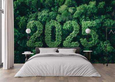 2025 New Year concept. Dense green forest with the year 2025 formed by trees, emphasizing environmental sustainability and future focus. SDGs, ESG, NetZero, and co2 concept, environmental awareness Wall mural