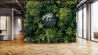 2025 New Year concept. Dense green forest with the year 2025 formed by trees, emphasizing environmental sustainability and future focus. SDGs, ESG, NetZero, and co2 concept, environmental awareness Wall mural