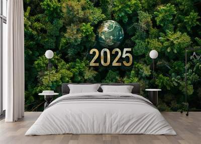 2025 New Year concept. Stone numbers displaying 2025 surrounded by dense, lush greenery and plants, symbolizing environmental sustainability and future focus. SDGs, ESG, NetZero, and co2 concept Wall mural