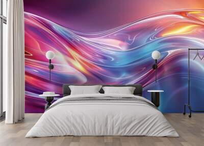 3d rendering illustration of colorful abstract futuristic shapes in motion. Bright color waves, holographic, iridescent light, silver chrome texture, gradient. Wall mural