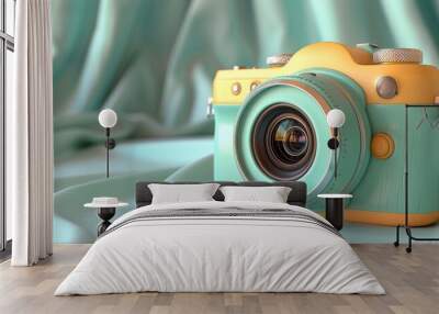 3D rendering of a green and yellow camera on a blue cloth background. The colors have a pastel style. The image is rendered in the style of an impressionist painter, photorealistic Wall mural