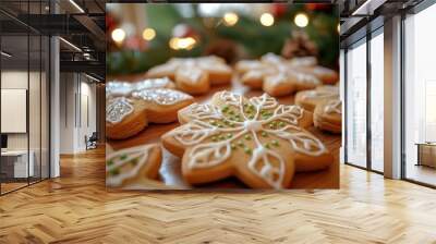 A close-up of gingerbread cookies with intricate designs, arranged on an elegant wooden table. The cookie shapes include snowflakes and stars Wall mural