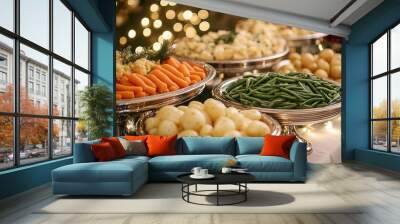 A festive, holiday-themed food spread featuring large silver serving dishes filled with carrots, green beans, and potatoes, creating an atmosphere of joyous celebration for the New Year's Eve dinner.  Wall mural