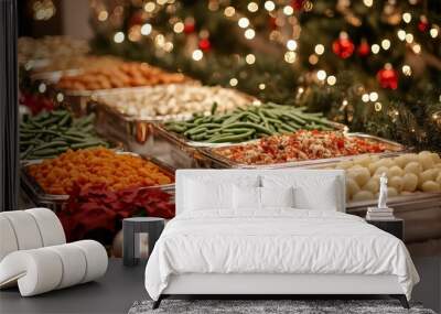 A festive holiday-themed food spread featuring vibrant carrots, green beans, and potatoes in silver chafing dishes, set against the backdrop of twinkling lights and decorations.  Wall mural