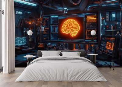 A futuristic lab filled with multiple monitors displaying brain scans and data analysis, showcasing advanced technology in neuroscience and research. Wall mural