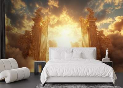 A golden, pearly gate opens onto heaven, with clouds in the background and stairs leading up into them. An ethereal light shines through the gate. Wall mural