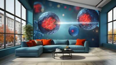 A realistic illustration showing two cells with DNA in the background. One cell at the center is surrounded by glowing red spheres representing vitality.  Wall mural