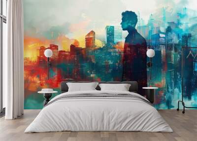 Abstract portrayal of a leader's silhouette superimposed on a dynamic city skyline, emphasizing leadership in technological and business advancements Wall mural