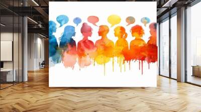 Abstract watercolor illustration of people talking with speech bubbles on a white background in the colorful, vector style. Wall mural