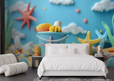 Children's beach toys and sand. Beach bucket 3d clay style filled with sand toys Wall mural