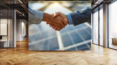 Close-up of two businessmen shaking hands over solar panels, symbolizing a green energy partnership and sustainable business agreement. Wall mural