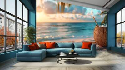 Cocktail in a coconut with straws and decor on the table, in three-quarter, the blue ocean in background and a palm tree in the side, realistic, 8k,shapen image Wall mural