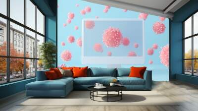 Coral colored cancer cells floating around computer algorithm, cancer diagnosis flat design front view, Wall mural