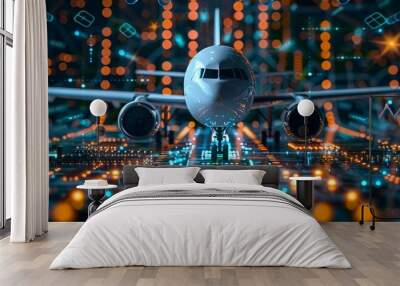 Detailed graphic of an airplane connected to a complex microchip network, illustrating the concept of digital twins in aerospace engineering Wall mural