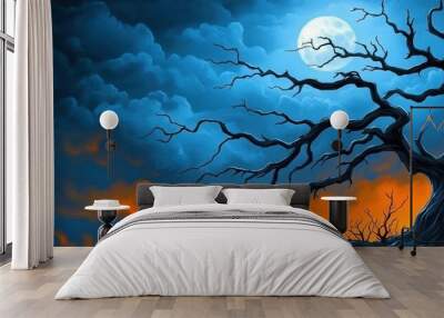 Eerie dead tree silhouette against a full moon, dark and moody sky, twisted trees, Halloween night Wall mural