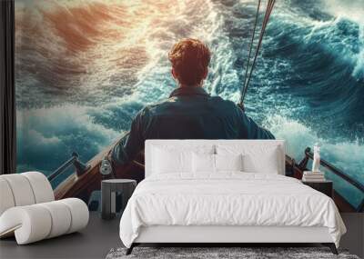 Entrepreneur standing at the helm of a ship in stormy seas, symbolizing leadership and risk management, detailed waves and ship controls Wall mural