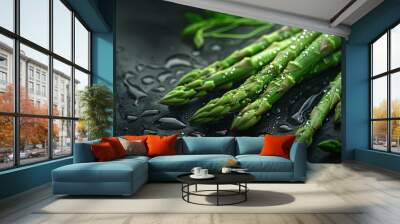 Fresh asparagus spears being washed, with water droplets captured in mid-air, A close-up shot and full shot of a Asparagus with droplets of water Wall mural